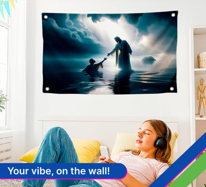 3x5 Ft Scene of Walking on Water Jesus Polyester Flag - Christian Jesus Easter Flags for 4th of July - Wall Decor God on Water Banner - Religious Christian Jesus for Bedroom - God Flag for Wall Decor