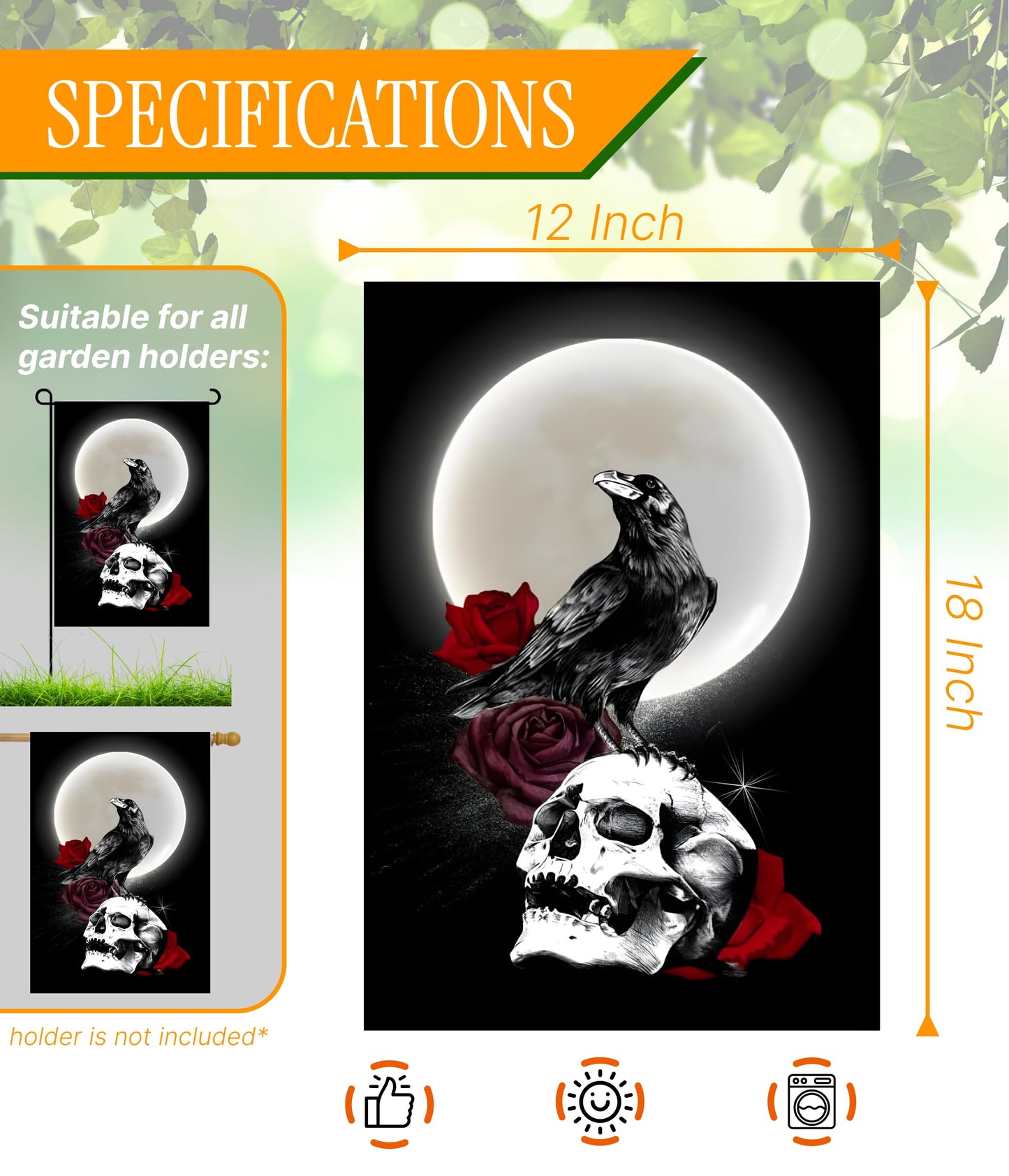 12x18 Inches Skull Triple Moon Polyester Flag - Double Sided Rose Galaxy Halloween Crow Wicca Garden - Welcome Party Outdoor Outside Decorations - Picks Home House Garden Yard Gothic Decor