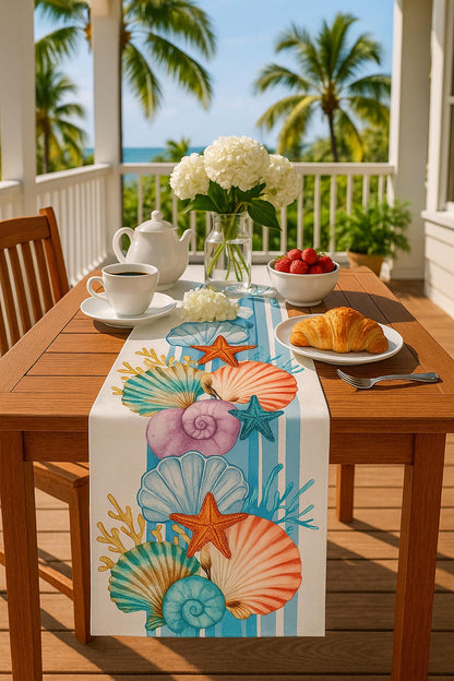 13x72 Inches Sea Shell Starfish Summer Polyester Table Runner - Spring Ocean Kitchen Dining Table Decoration for Home Party Decor - Dresser Scarves