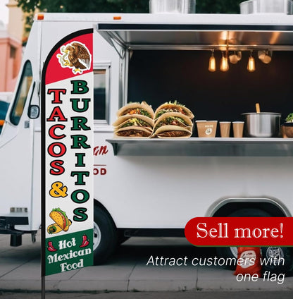 12x2.5 Feet Tall Feather Flags "Tacos & Burritos" - Advertising Replacement Feather Banner - Single Sided Feathers Banners Food Themed - Feathers Flags in Polyester - Flagpole is Not Included