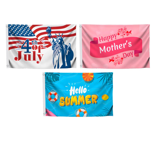 Set of 3 Seasonal 3x5 Ft Flag - Hello Summer Polyester/Nylon Banner Holiday Single Sided Flags with 2 Grommets Outdoor Lawn Yard House - Happy Mothers Day Decor Clearance, 4th of July Flag Freedom