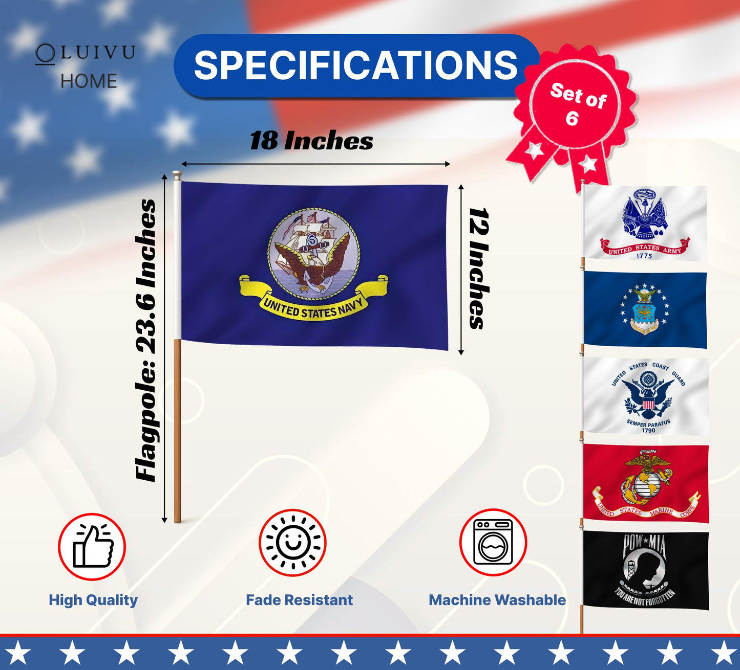 Set of 6 Military 5 Branches Army Navy Marines Air Force Coast Guard and Pow Mia Stick Flag 12x18 inch - Army Polyester Flags Set Space Force - Licensed Armed Forces Flag for Memorial Day