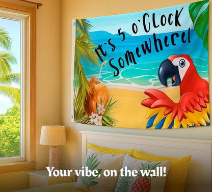 12x18 Inches It's 5 o'Clock Somewhere Polyester Flag - Double Sided Five O'clock Flags with Two Brass Grommets - Tropical Summer Beach Drinking