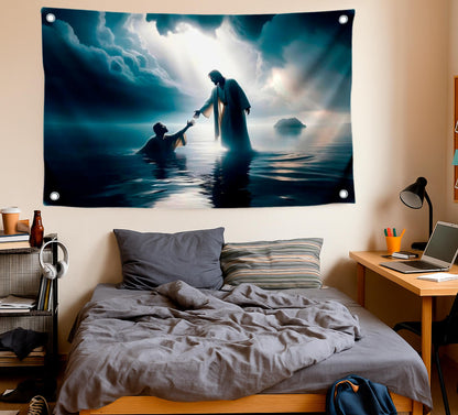 3x5 Ft Scene of Walking on Water Jesus Polyester Flag - Christian Jesus Easter Flags for 4th of July - Wall Decor God on Water Banner - Religious Christian Jesus for Bedroom - God Flag for Wall Decor