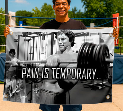 3x5 Ft Schwarzenegger Polyester Flag with 4 Grommets - Pain is Temporary Motivational Gym Single Sided Flags - Inspire Your Workout Banner - Fitness Wall Decor for Gym - Stay Motivated Cool Art