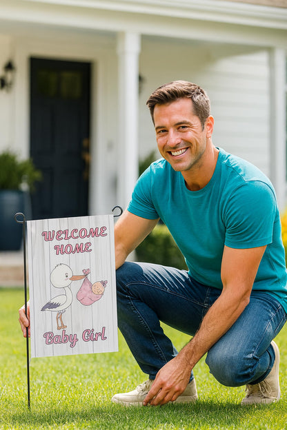 12x18 Inches Double Sided Welcome Home Baby Girl Garden Polyester Flags - Baby Shower Birth Announcement Family Party - Newborn Gender Reveal Pink Stork - Outdoor Decor Banner - Gender Reveal Party