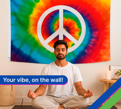 3x5 Feet Peace TieDye Polyester Flag with 2 Brass Grommets - Garden Decor Porch Lightweight Flag Rainbow Hippie Flags For Outdoors Decorative - World Peace Symbol Banner - Single Sided Home Wall Flags