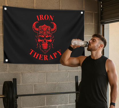 3x5 Feet Large Wall Flag With Quote "Iron Therapy" with Four Brass Grommets - Skull Gym Tapestry or Home Gym Decor - Inspirational Home Leadership Quotes - Wall Flag for Indoor and Outdoor