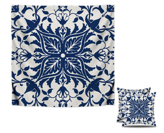 Set of 2 Decorative Throw Pillow Covers 18x18 Inches - Navy Blue Boho Pillow Covers - Bohemian Ethnic Carpet Pattern Design - Decorative Throw Pillows in Linen Blue Print Farmhouse