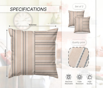 Set of 2 Decorative Throw Pillow Covers 18x18 Inches - Decorative Farmhouse in Linen Throw Pillow Case - Boho Textured Pillow Case - Beige with White and Gray Stripe - Cushion Cover for Sofa or Couch