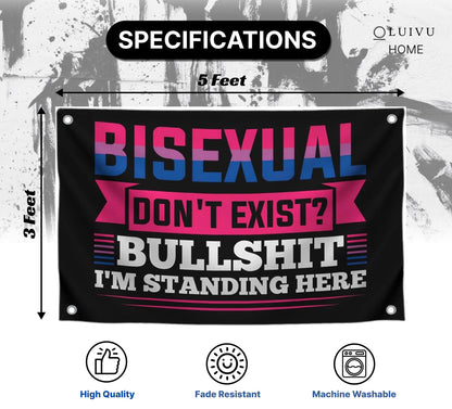 3x5 Feet LGBT Quote Polyester Flag "Bisexual Don't Exist? Bullshit I'm Standing Here" with Four Brass Grommets - Bisexual Banner Tapestry - Single Sided Funny Wall Flags for Decoration College Dorm