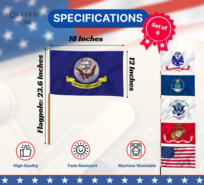Set of 6 Military Branch Armed Forces Service Miniature Flag - 10X15 CM American Flag Banners for Desk Set - Polyester Small Mini Military Stick Flags - Party Events Celebration Decorations Supplies