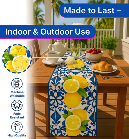 13X72 Inch Blue Polyester Tiles Runner - Italian Lemons Summer Table Runner Decorations for Dinning - Kitchen Dresser Decor for Party Holiday