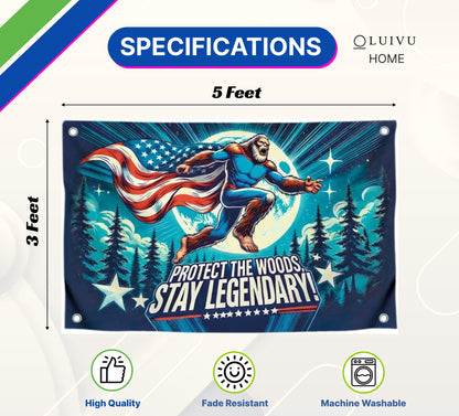 3x5 Ft Single Sided Polyester Banner with Quote “Protect the Woods, Stay Legendary” - Cool Tapestry with Four Brass Grommets - Wall Flag for Dorm Boys Yard or Camping Decor - Funny Bigfoot Meme Flag