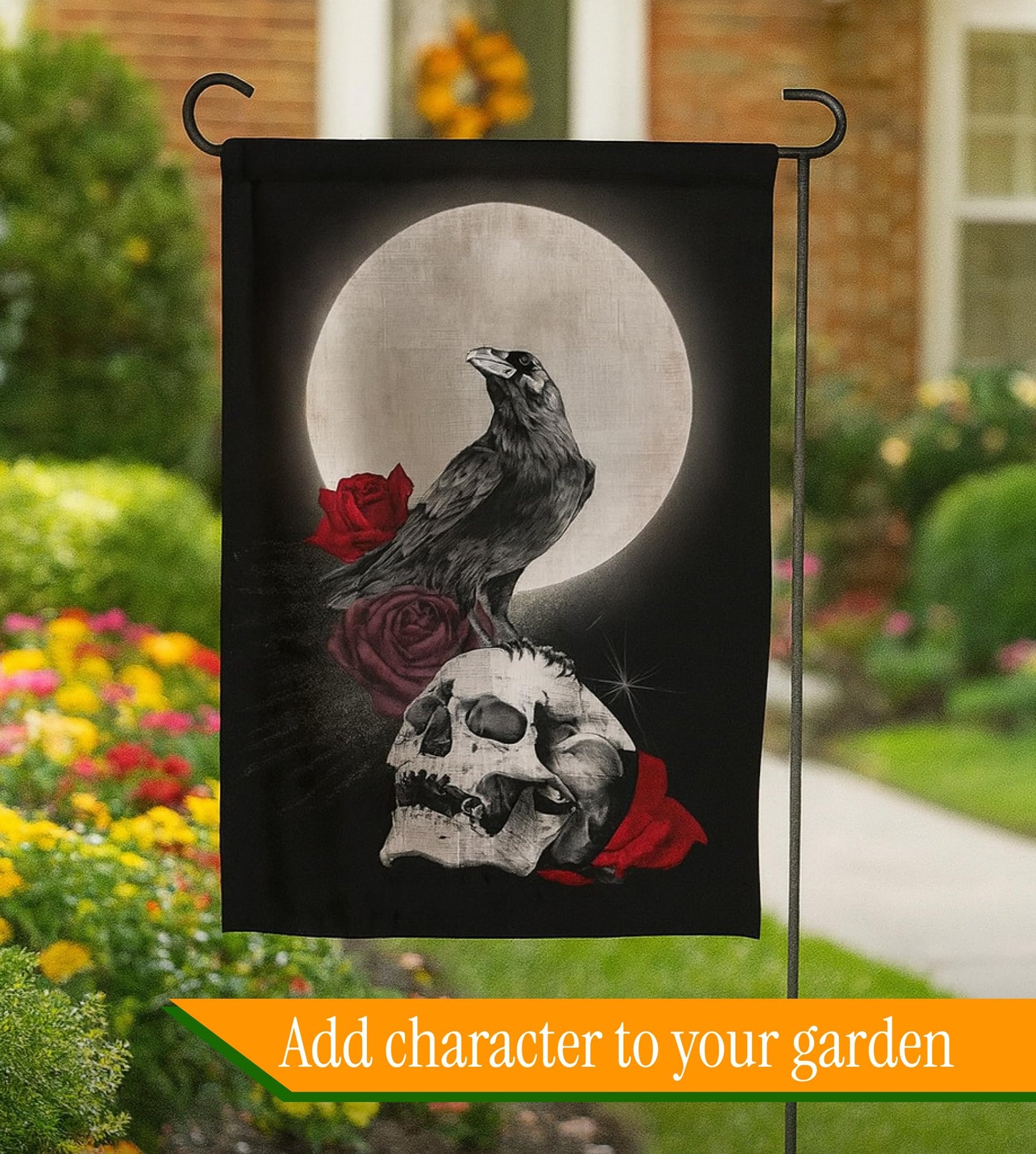 12x18 Inches Skull Triple Moon Polyester Flag - Double Sided Rose Galaxy Halloween Crow Wicca Garden - Welcome Party Outdoor Outside Decorations - Picks Home House Garden Yard Gothic Decor