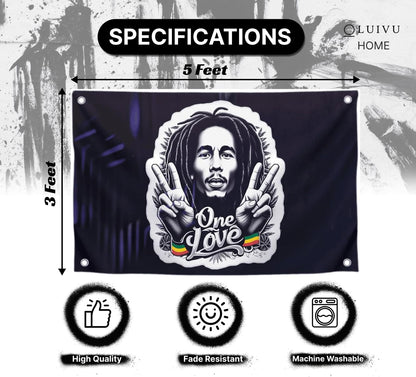 3x5 Feet Marley Wall Hanging Tapestry Flag with One Love with Four Brass Grommets - Aesthetic Rasta Stoners Tapastry - Hippie Decorations Posters for Jamaican Party - Polyester Flag with Men