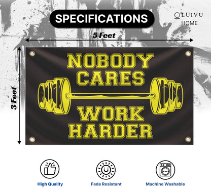 3x5 Feet Nobody Cares Work Harder Polyester Flag with 4 Grommets - Fade Resistant Single Sided Flag for Yard - Stay Motivated with Cool Art - Inspire Your Workout Banner - Fitnes Wall Decor for Gym