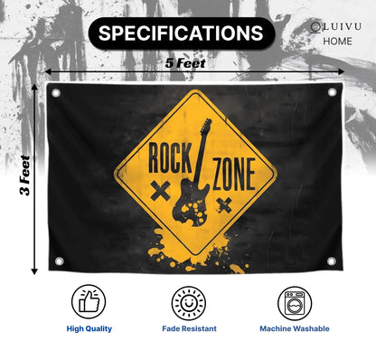 3x5 Feet Black Polyester Flag Rock Zone with Four Brass Grommets - Guitar Suitable for Indoor and Outdoor Decorate - American Music Banner for Garden Party - Flags Man Cave Wall Flag for College Dorm