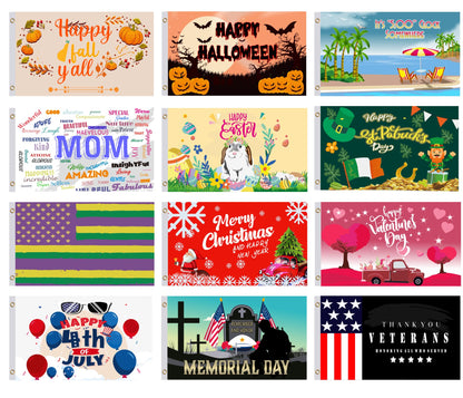 Set 12X Seasonal Polyester Flags 3x5 Feet - Spring Summer Fall Winter Halloween Christmas Outdoor Single Sided Flag - Seasonal Flags with 2 Brass Grommets Decor - Holiday Garden Flag for Outside