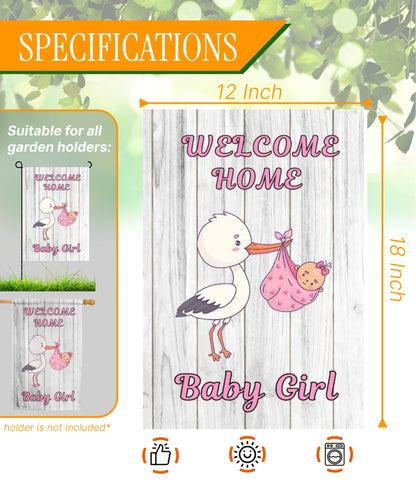12x18 Inches Double Sided Welcome Home Baby Girl Garden Polyester Flags - Baby Shower Birth Announcement Family Party - Newborn Gender Reveal Pink Stork - Outdoor Decor Banner - Gender Reveal Party