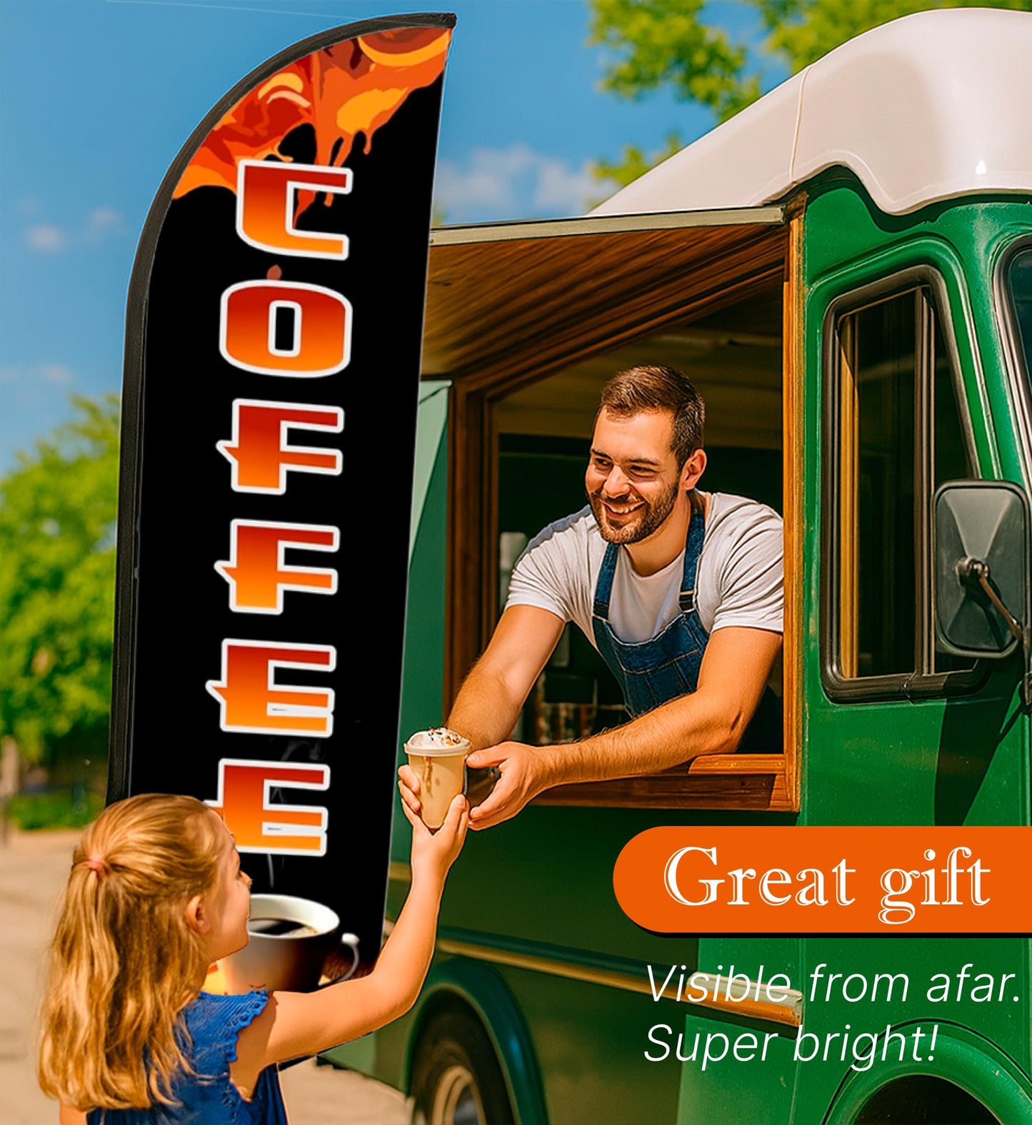 12x2.5 Feet Tall Feather Single Sided Flags "Coffee" - Coffee Flags for Businesses or Lunch - Special Coffеe Themed Polyester Flag - Windless Swooper Coffеe Tapesry Portable - Flagpole is Not Included