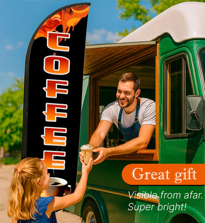 12x2.5 Feet Tall Feather Single Sided Flags "Coffee" - Coffee Flags for Businesses or Lunch - Special Coffеe Themed Polyester Flag - Windless Swooper Coffеe Tapesry Portable - Flagpole is Not Included