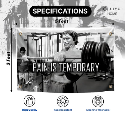 3x5 Ft Schwarzenegger Polyester Flag with 4 Grommets - Pain is Temporary Motivational Gym Single Sided Flags - Inspire Your Workout Banner - Fitness Wall Decor for Gym - Stay Motivated Cool Art