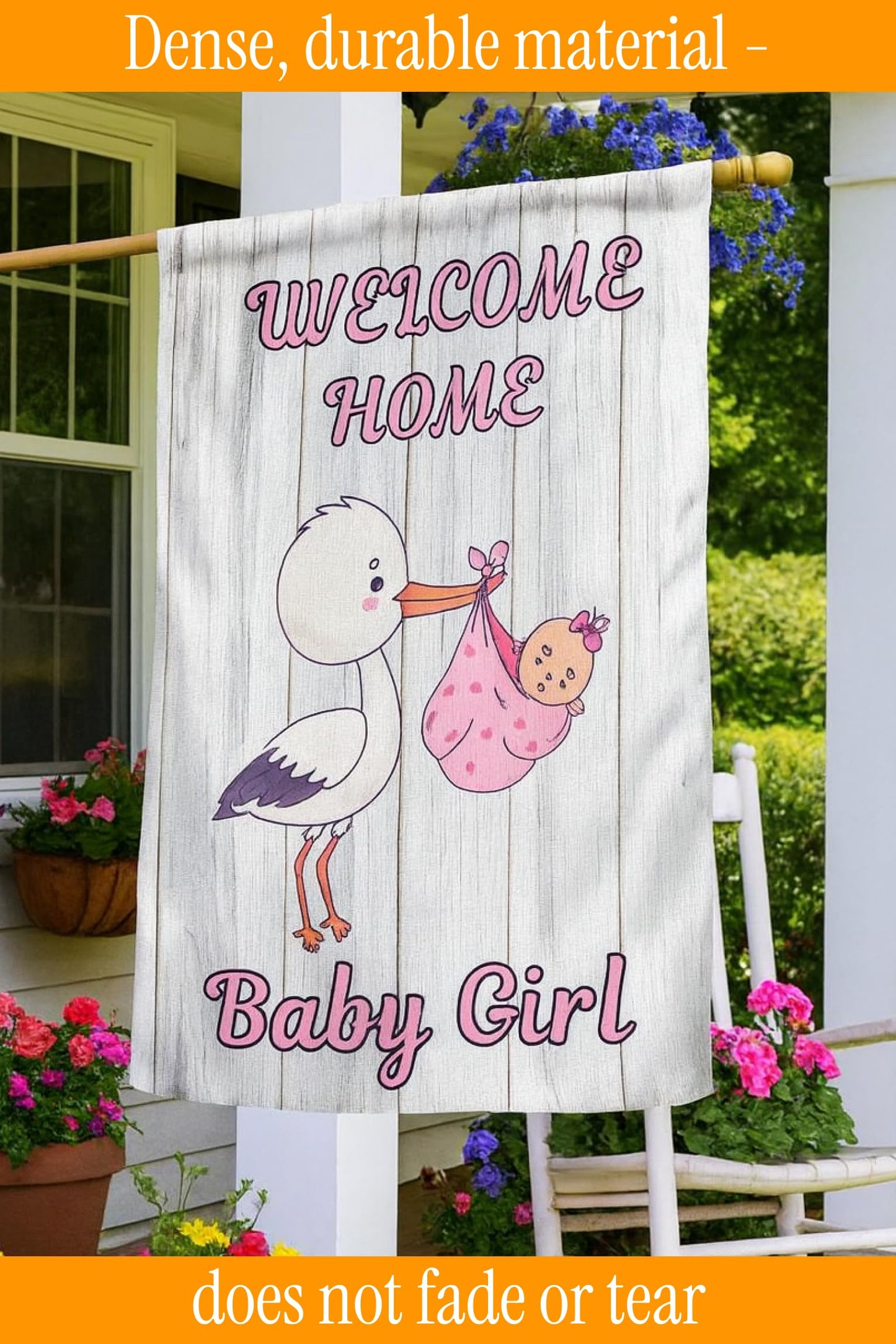 12x18 Inches Double Sided Welcome Home Baby Girl Garden Polyester Flags - Baby Shower Birth Announcement Family Party - Newborn Gender Reveal Pink Stork - Outdoor Decor Banner - Gender Reveal Party