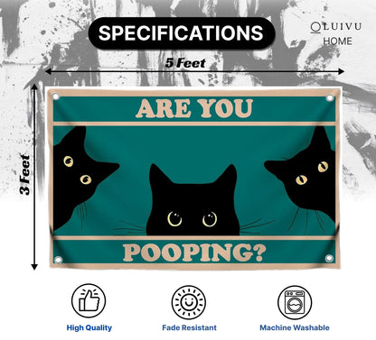 3x5 Feet Black Cats Funny Single Sided Flag "Are You Pooping" with Four Brass Grommets - Funny Black Cat Meme Wall Decorations for Badroom - Polyester Cool Ridiculous Cats Outdoor or Indoor Flag