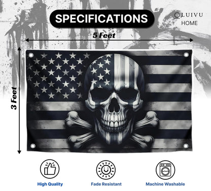 3x5 Feet Skull And Crossbones Polyester Flag with 4 Brass Grommets - Funny American Pirate Banner For Man Cave - Black and White Grey American Single Sided Flags - Pirate Flag or Black Boat Flags