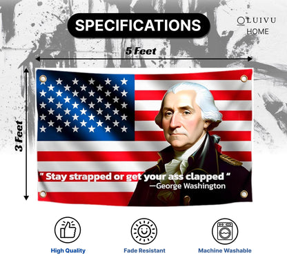 3x5 Feet Washington Stay Strapped or Get Clapped Polyester Flag with 4 Brass Grommets - Cool Funny Single Sided Flags For Room Guys Quote Meme Flags Banner - Wall Flag Pop Art Home Decoration