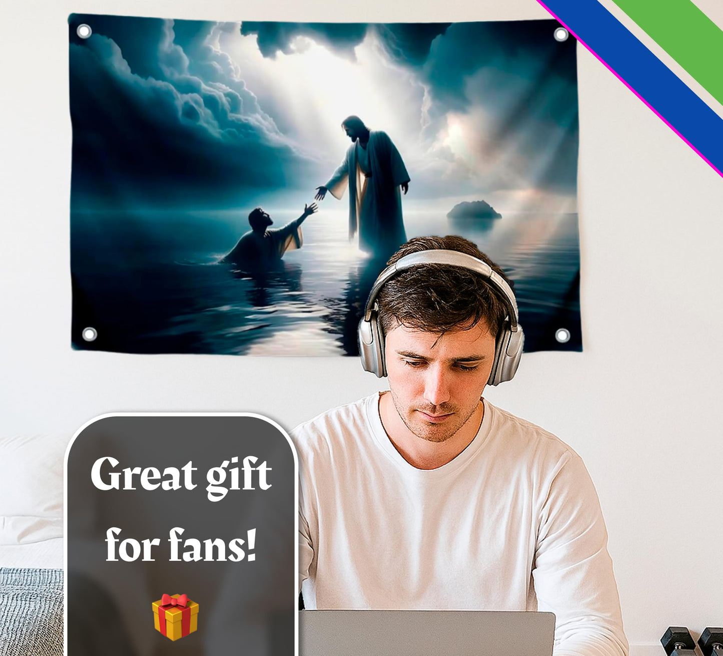 3x5 Ft Scene of Walking on Water Jesus Polyester Flag - Christian Jesus Easter Flags for 4th of July - Wall Decor God on Water Banner - Religious Christian Jesus for Bedroom - God Flag for Wall Decor