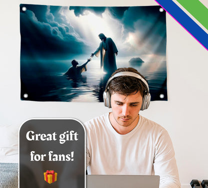 3x5 Ft Scene of Walking on Water Jesus Polyester Flag - Christian Jesus Easter Flags for 4th of July - Wall Decor God on Water Banner - Religious Christian Jesus for Bedroom - God Flag for Wall Decor