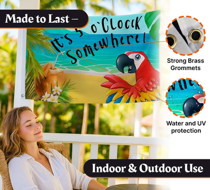 12x18 Inches It's 5 o'Clock Somewhere Polyester Flag - Double Sided Five O'clock Flags with Two Brass Grommets - Tropical Summer Beach Drinking