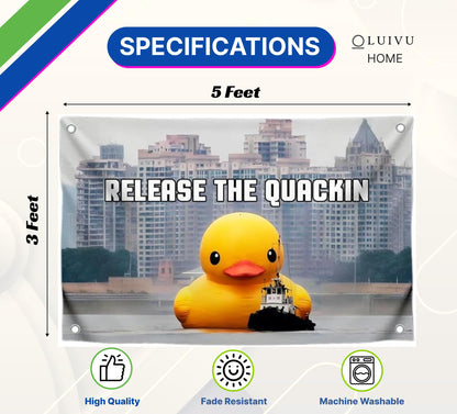 3x5 Feet Meme Flag with Quote "Release The Quackin" with Four Brass Grommets - Polyester Funny Flag with Duck on The Water - Single Sided Duckling Banner for Wall Decoration - Tapestries Flags Decor