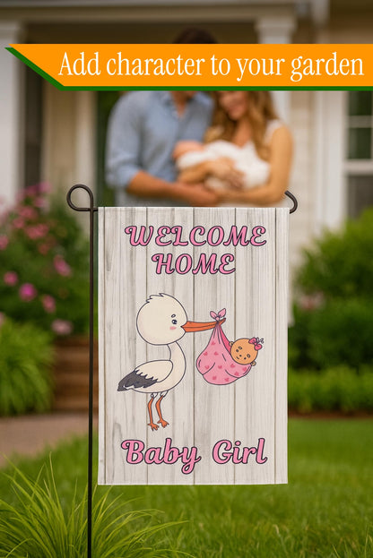 12x18 Inches Double Sided Welcome Home Baby Girl Garden Polyester Flags - Baby Shower Birth Announcement Family Party - Newborn Gender Reveal Pink Stork - Outdoor Decor Banner - Gender Reveal Party