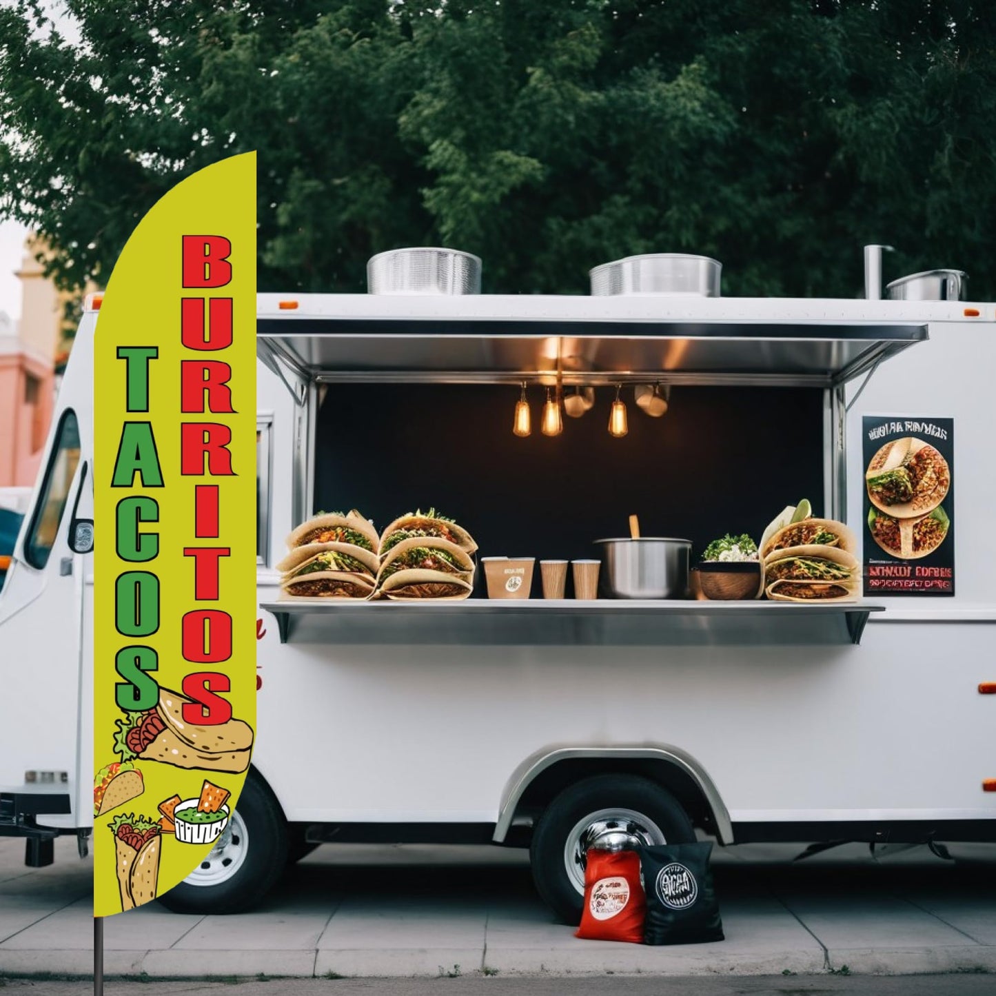 12x2.5 Feet Tall Feather Flags "Tacos and Burritos" - Outdoor Business Advertising Tall Flag - Single Sided Feathers Banners Food Themed - Feather Flags in Polyester - Flagpole is Not Included