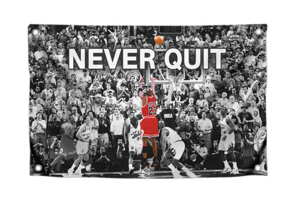 3x5 Feet Never Quit Polyester Flag with Four Brass Grommets - Inspirational Workout Fitness Home Gym Wall Decor - Cool Gym Motivation Basketball Single Sided Poster - Motivational Wall Art Decorations