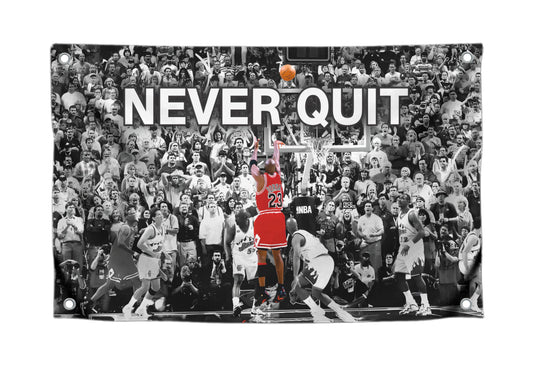 3x5 Feet Never Quit Polyester Flag with Four Brass Grommets - Inspirational Workout Fitness Home Gym Wall Decor - Cool Gym Motivation Basketball Single Sided Poster - Motivational Wall Art Decorations