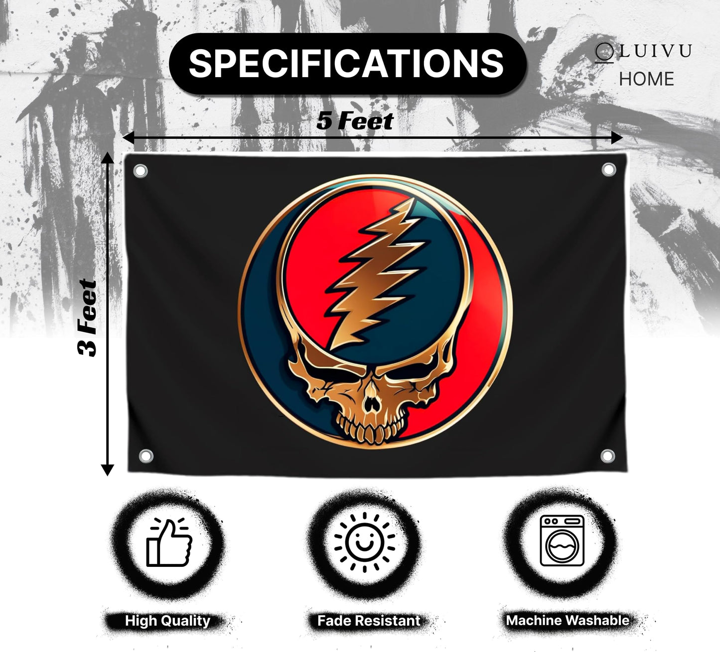 3x5 Feet Grateful Dancing Bears Dead Polyester Flags with 4 Grommets - Skull Single Sided Flag Wall Decor For Outdoor/Indoor Room Man Cave - US Black
