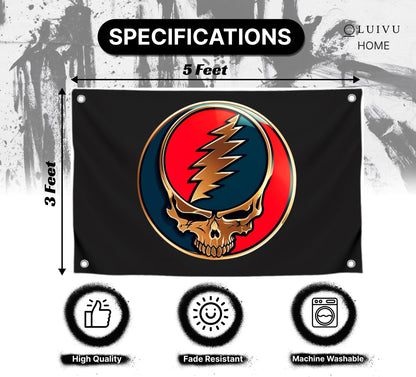 3x5 Feet Grateful Dancing Bears Dead Polyester Flags with 4 Grommets - Skull Single Sided Flag Wall Decor For Outdoor/Indoor Room Man Cave - US Black