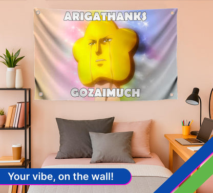 3x5 Feet Meme Single Sided Flag "Arigathanks Gozaimuch" with 4 Grommets - Emojis Сrying Star Polyester Banner for Wall Decoration - Cool Flags for Decor Girls Room - Tapestrys Polyester Cool Wall Flag