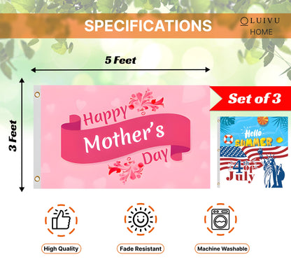 Set of 3 Seasonal 3x5 Ft Flag - Hello Summer Polyester/Nylon Banner Holiday Single Sided Flags with 2 Grommets Outdoor Lawn Yard House - Happy Mothers Day Decor Clearance, 4th of July Flag Freedom
