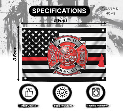 3x5 Feet Firefighter Polyester Flag with 4 Brass Grommets - Fire Department Thin Red Line American Single Sided Flag - Cross Firefighters Flags - Fire Rescue Banners for Outdoor or Indoor