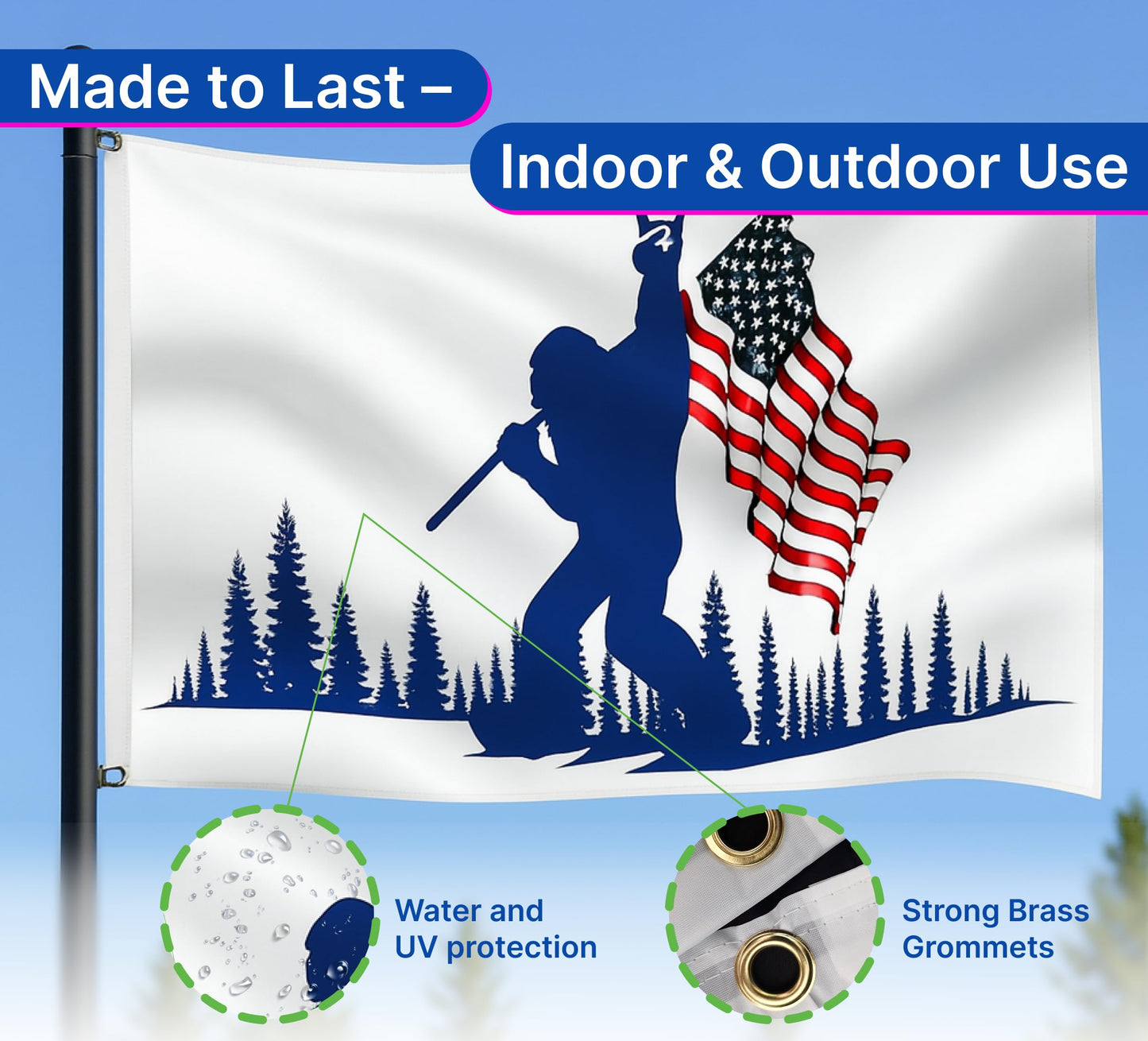 2X Double Sided 3x5 Ft and 12x18 Inches Funny Blue Bigfoot Polyester Flag - American Flags Outdoor Banner Decor with Brass Grommets - USA Vertical Decoration Flag For Outside Holiday Seasonal Outdoor