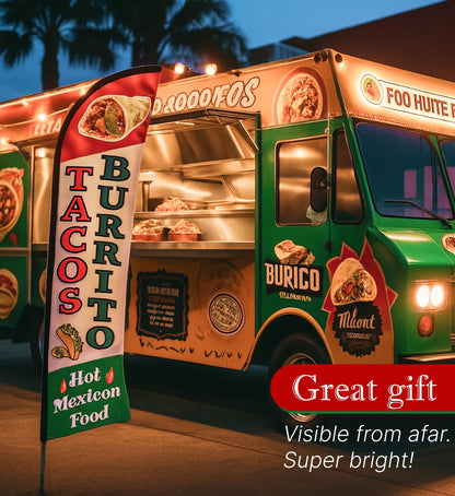 12x2.5 Feet Tall Feather Flags "Tacos & Burritos" - Advertising Replacement Feather Banner - Single Sided Feathers Banners Food Themed - Feathers Flags in Polyester - Flagpole is Not Included