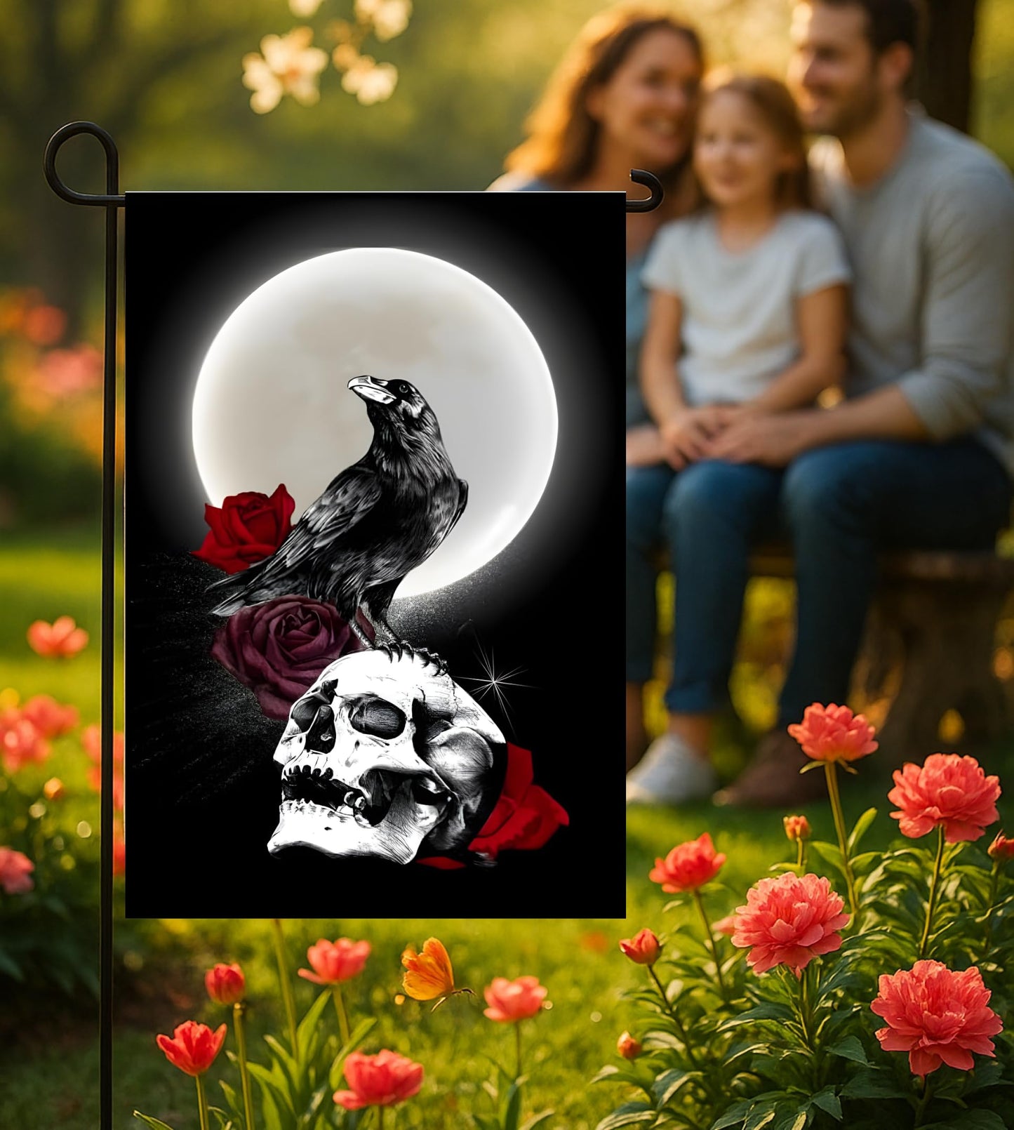 12x18 Inches Skull Triple Moon Polyester Flag - Double Sided Rose Galaxy Halloween Crow Wicca Garden - Welcome Party Outdoor Outside Decorations - Picks Home House Garden Yard Gothic Decor