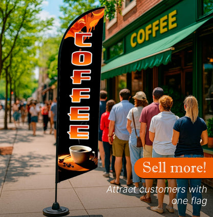 12x2.5 Feet Tall Feather Single Sided Flags "Coffee" - Coffee Flags for Businesses or Lunch - Special Coffеe Themed Polyester Flag - Windless Swooper Coffеe Tapesry Portable - Flagpole is Not Included