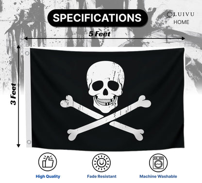 12x18 Inch Black Pirate Skull and Home Polyester Flag - Garden Yard Porch Patio Banner Single Sided Flags with 2 Grommets for Decor - Pirate USA Flag or US Black Boat Flags or Banners Man Cave Bones