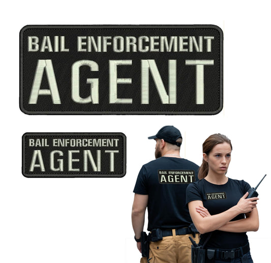 Set of 2 Bail Patches for Enforcement Agent 4x10 and 2x5 Inches - Black and Silver Patch with Hook On Back - Quality Embroidery Patches for Jacket Hat Backpack - Tactical Accessory for Uniforms